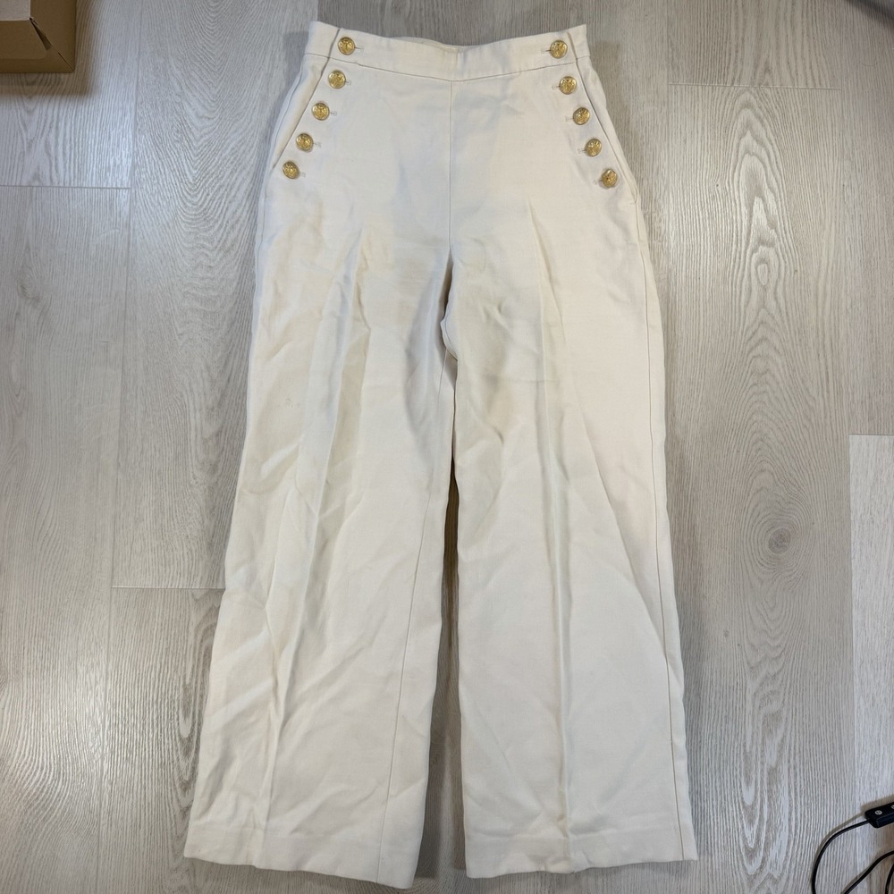 Sezane Marino Trousers Off White Sailor Wide Leg Flap Front 28" Womens Size 38